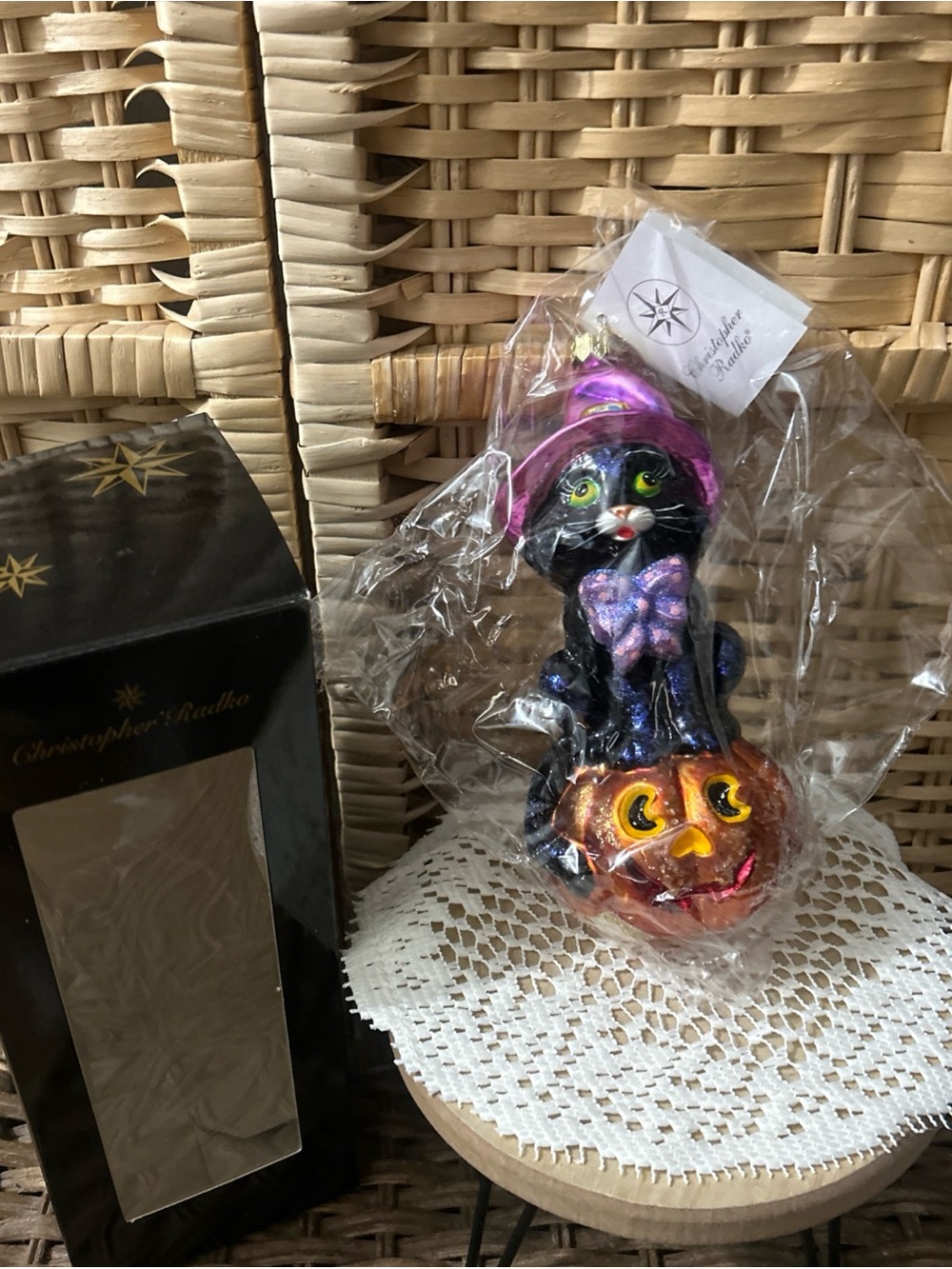 VTG Christopher Radko Halloween Spellbound Black Cat On Pumpkin Ornament